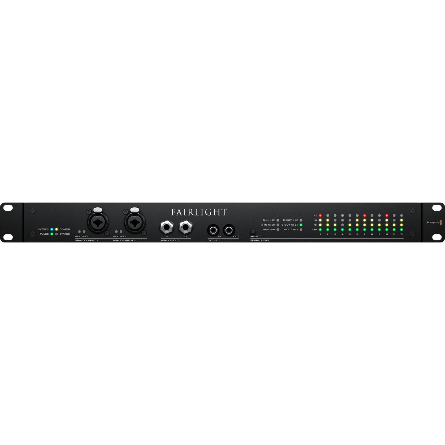 Blackmagic Design Fairlight Audio Interface rear view with inputs and outputs.