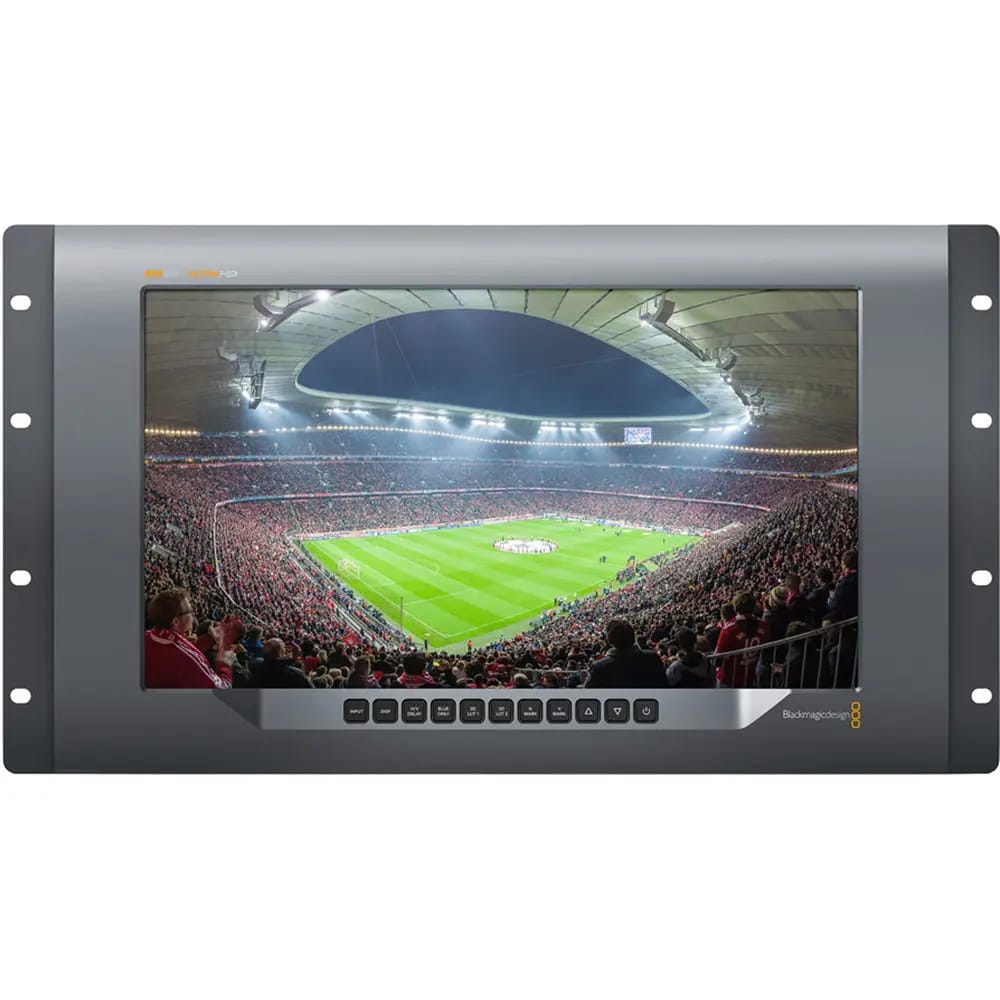 Blackmagic Design SmartView 4K 15.6" broadcast monitor displaying a sports event.