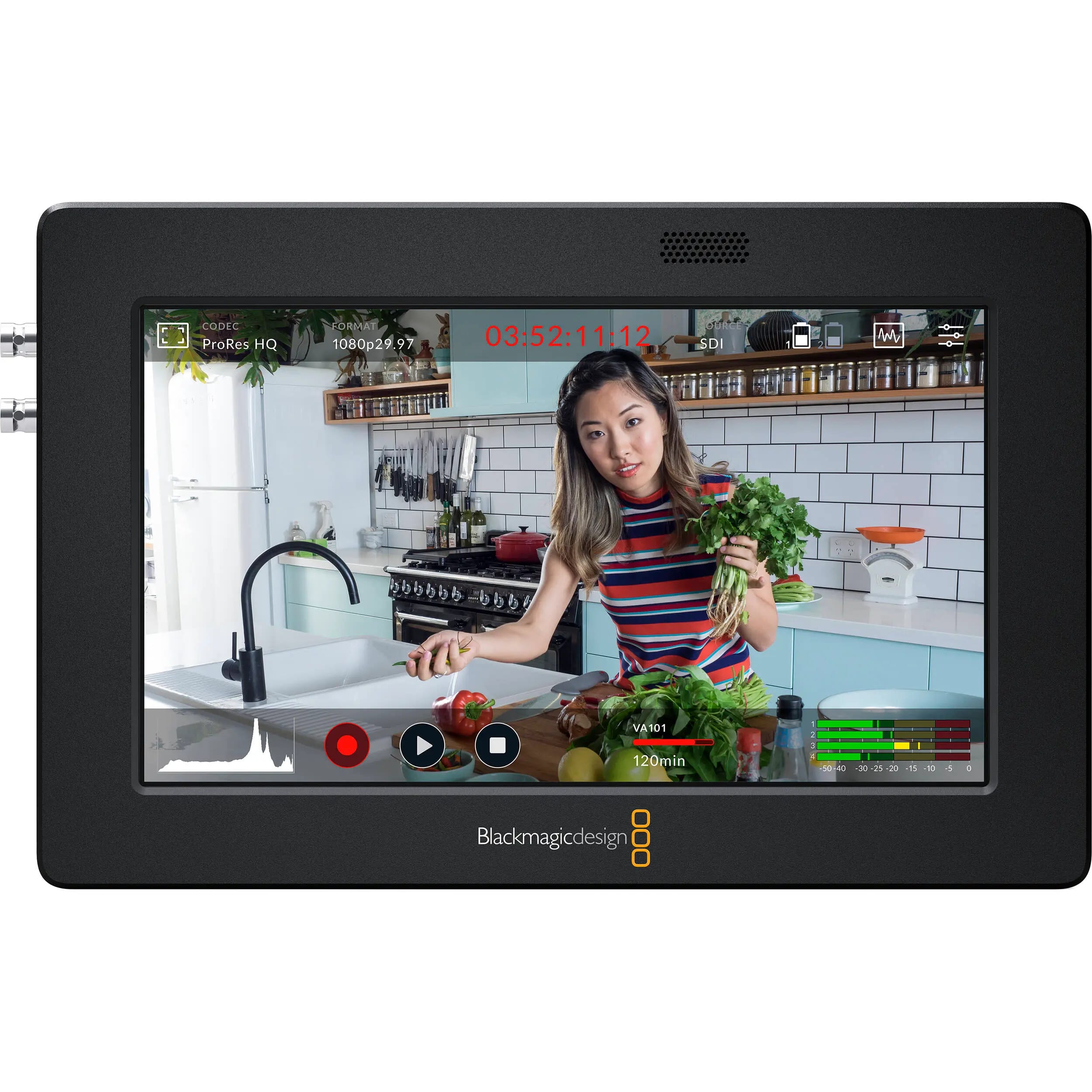 Blackmagic Design Video Assist 5" monitor displaying a cooking scene