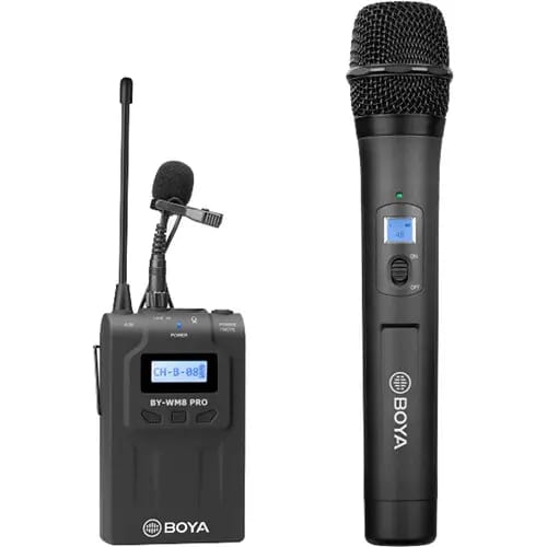 BOYA BY-WM8 PRO-K3 wireless microphone system with handheld mic and receiver.