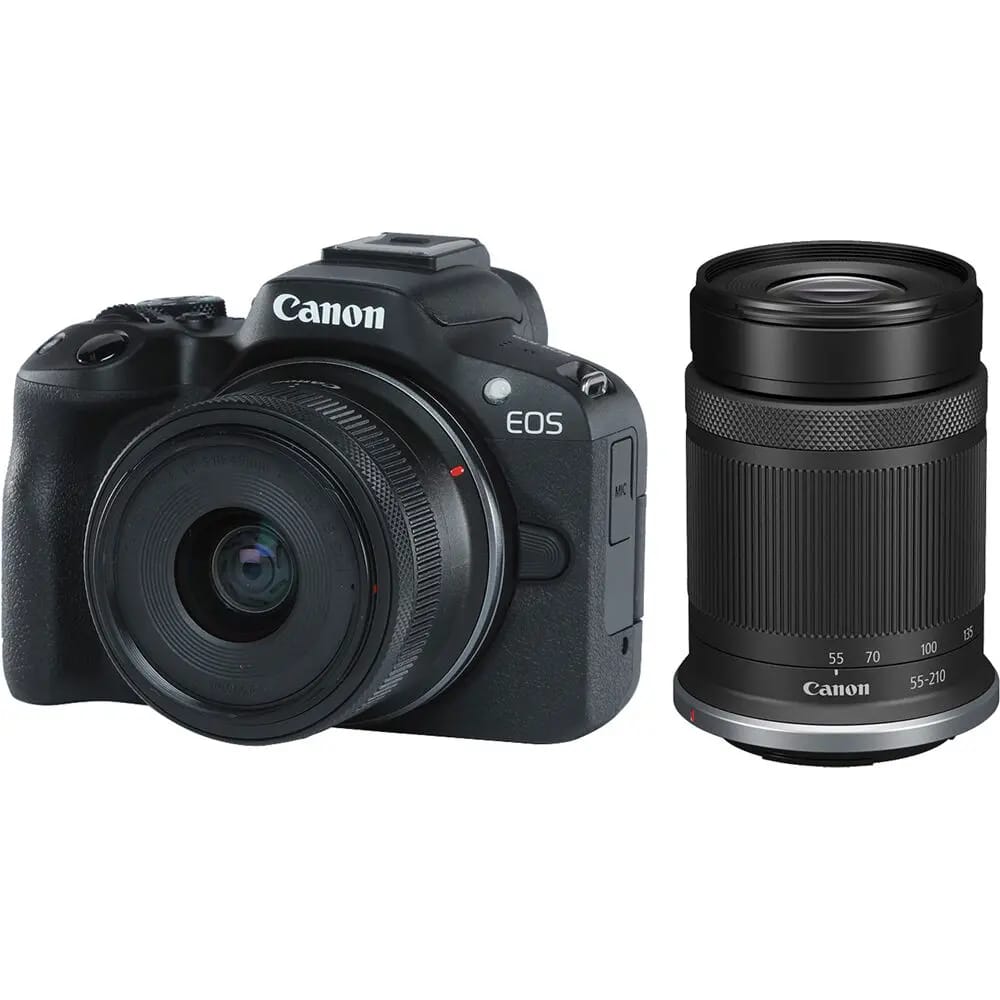 Canon EOS R50 mirrorless camera with two lenses in black.