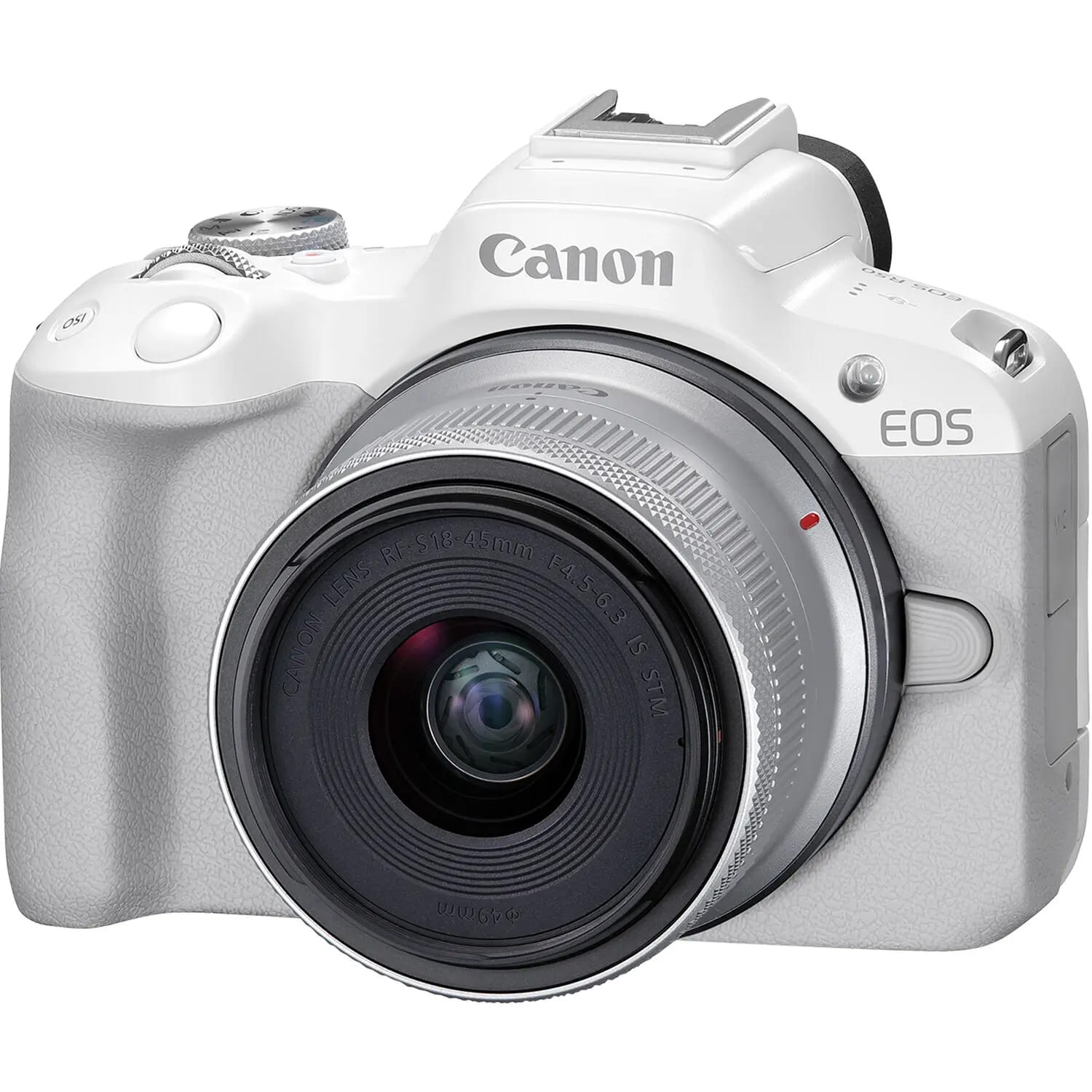 Canon EOS R50 mirrorless camera in white with 18-45mm lens