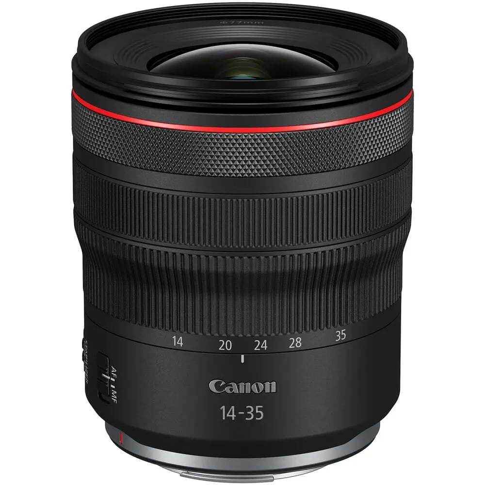 Canon RF 14-35mm f/4 L IS USM Lens with red accents