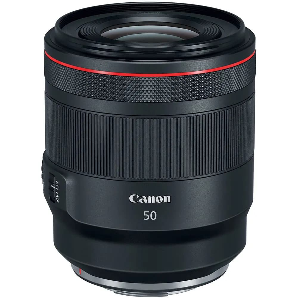 Canon RF 50mm f/1.2 L USM Lens with black and red design