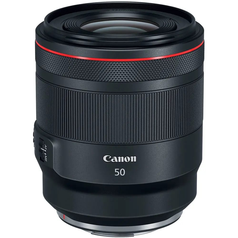 Canon RF 50mm f/1.2 L USM Lens with black and red design