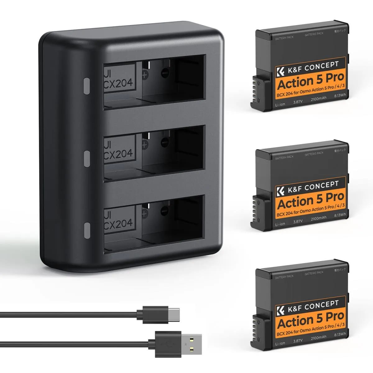 K&F Concept 3-Pack 2100mAh Battery and 3-Slot Charger Case for DJI Osmo Action 6 / 5 Pro / 4 / 3 and Osmo 360 (KF28.0086)