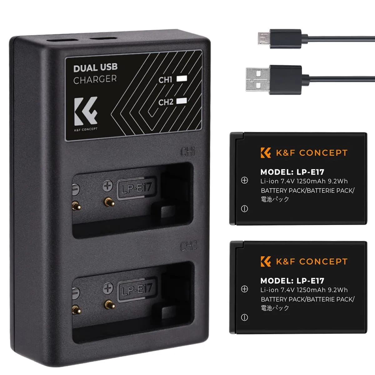 K&F Concept LP-E17 1250mAh Battery (2-Pack) and Dual USB Charger Kit for Canon EOS Cameras (KF28.0014)