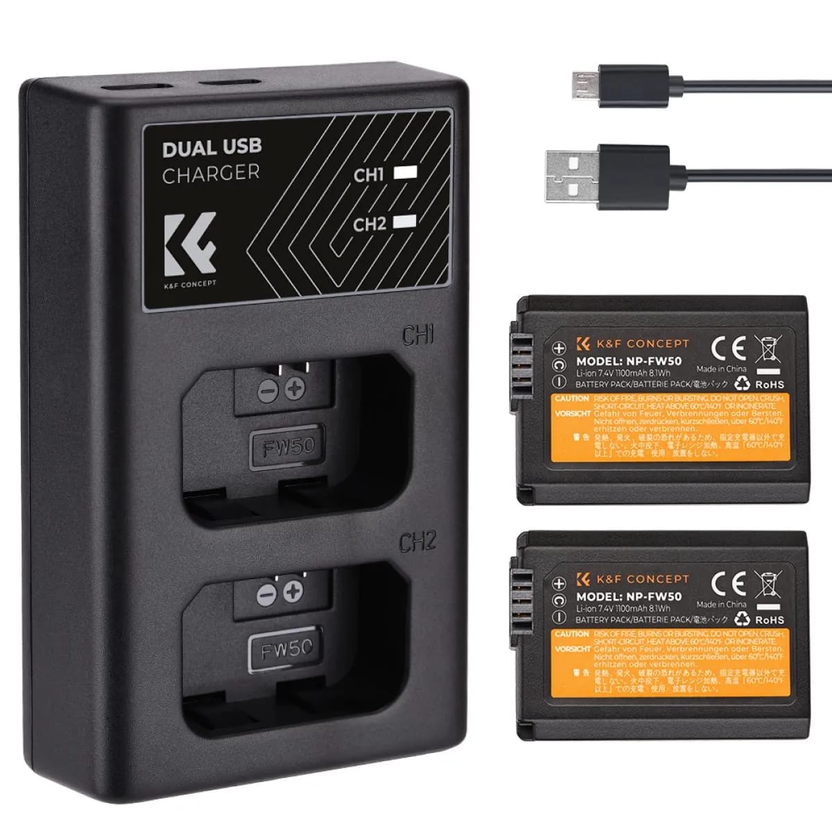 K&F Concept NP-FW50 1100mAh Battery (2-Pack) and Dual Slot Charger Kit for Sony Cameras (KF28.0015)