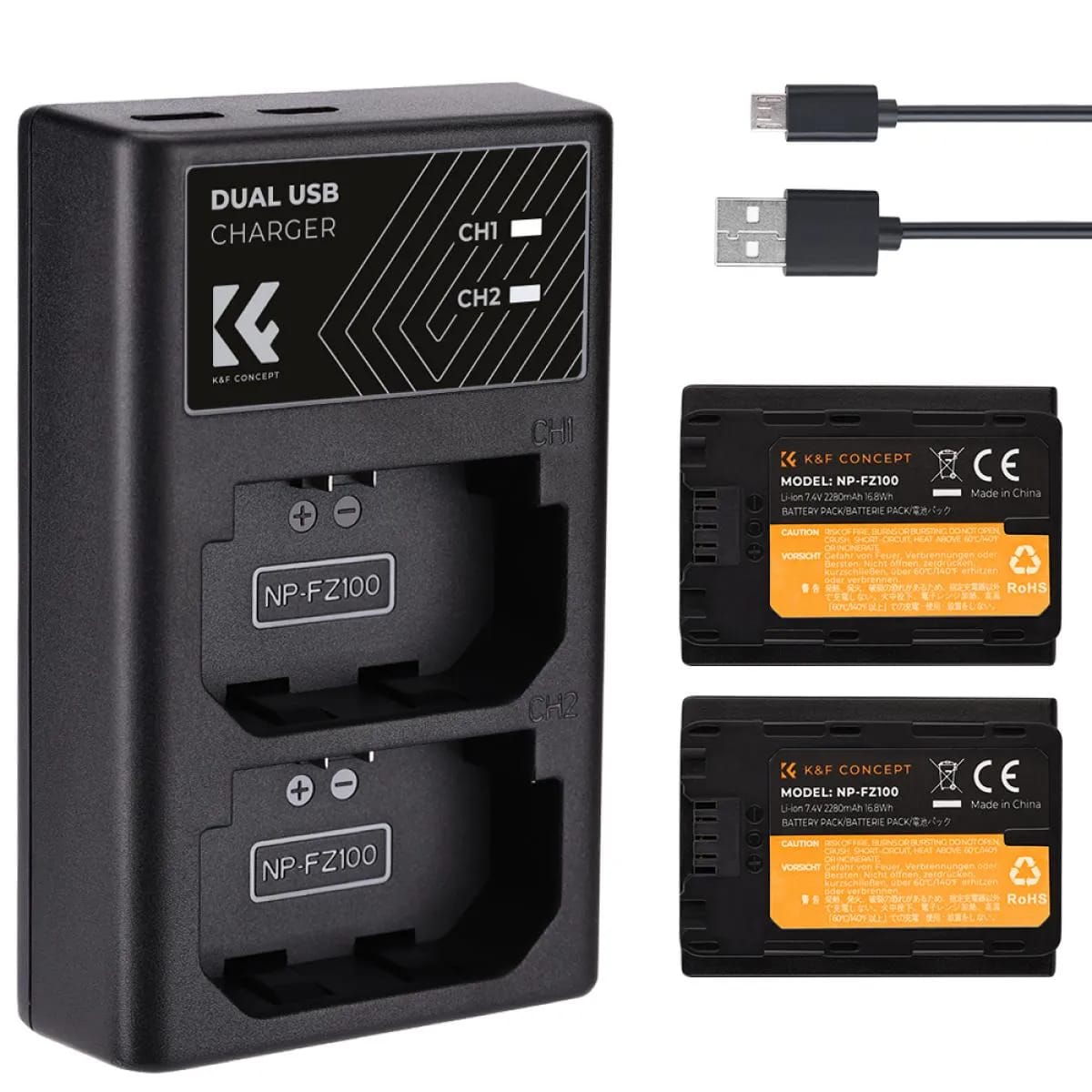 K&F Concept NP-FZ100 2280mAh Battery (2-Pack) and Dual Slot Charger Set for Sony Cameras (KF28.0016)