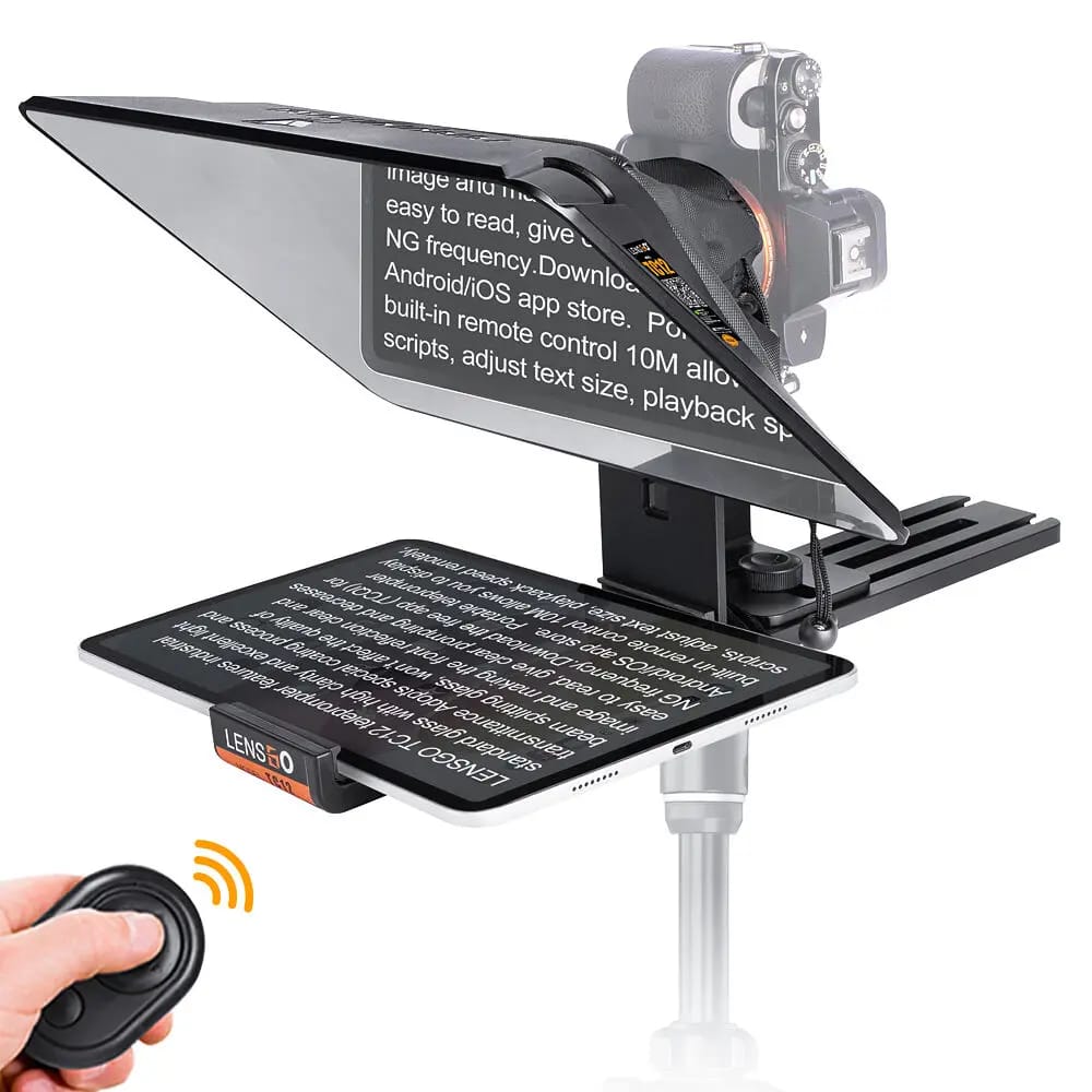LENSGO TC12 Teleprompter for smartphones and cameras with remote control.