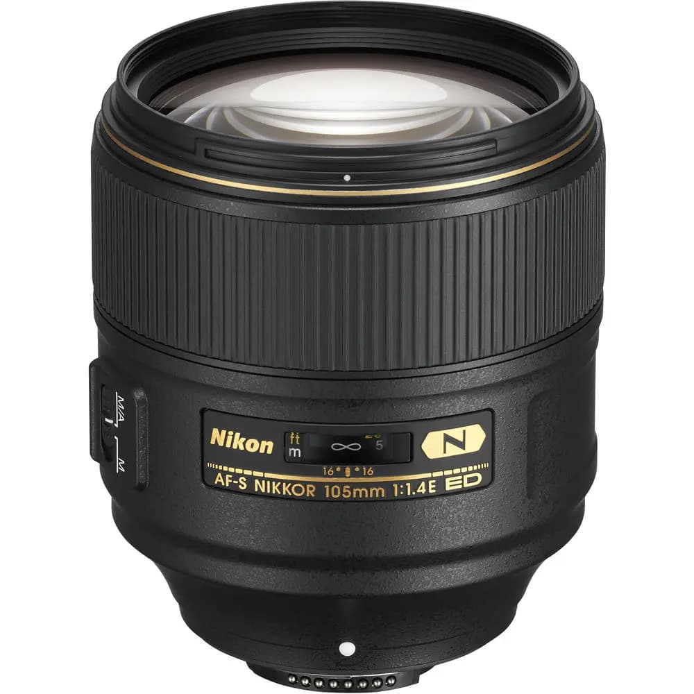 Nikon AF-S NIKKOR 105mm f/1.4E ED Lens with gold accents