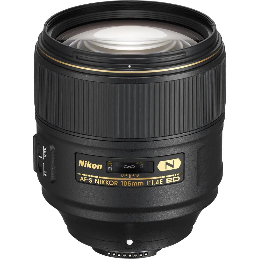 Nikon AF-S NIKKOR 105mm f/1.4E ED Lens with gold accents
