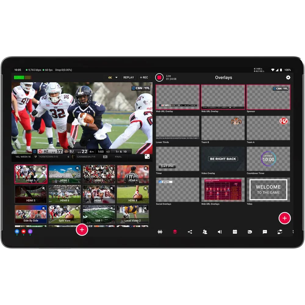 YoloLiv YoloBox Extreme livestreaming system interface with multiple video feeds.