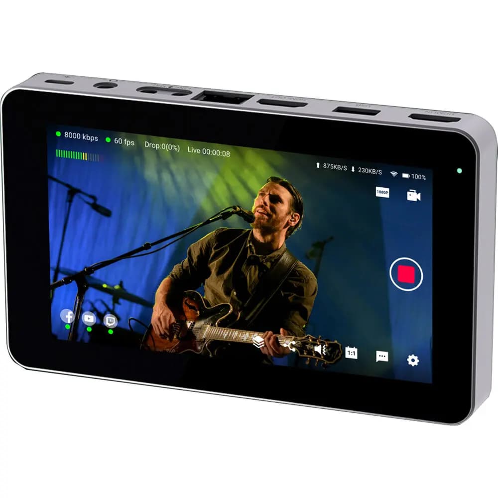 YoloLiv YoloBox Mini live streaming encoder with musician on screen